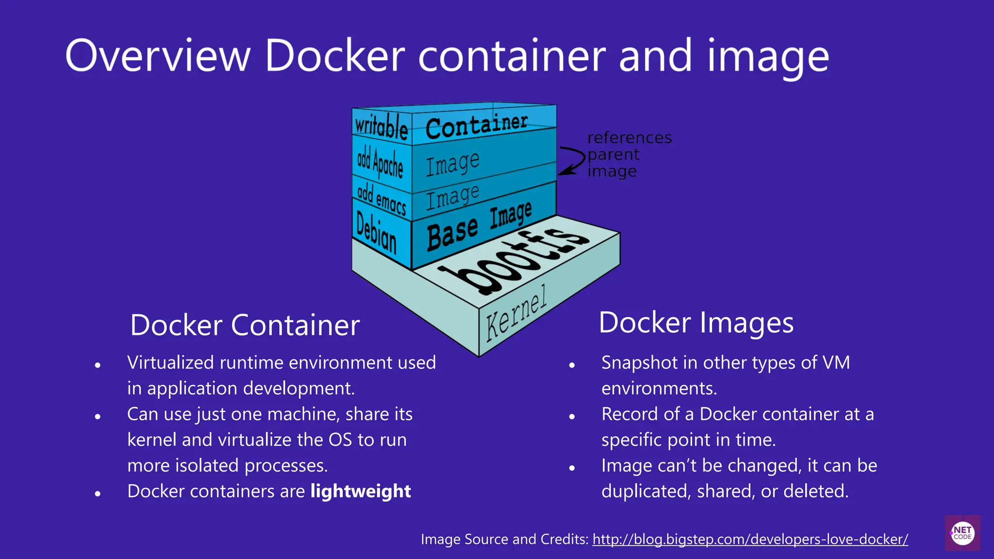 Docker Images
● Snapshot in other types of VM
environments.
● Record of a Docker container at a
specific point in time.
● Image can’t be changed, it can be
duplicated, shared, or deleted.
Docker Container
● Virtualized runtime environment used
in application development.
● Can use just one machine, share its
kernel and virtualize the OS to run
more isolated processes.
● Docker containers are lightweight
Image Source and Credits: http://blog.bigstep.com/developers-love-docker/
 