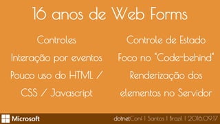 16 anos de Web Forms
Controles
Interação por eventos
Pouco uso do HTML /
CSS / Javascript
dotnetConf | Santos | Brazil | 2016.09.17
Controle de Estado
Foco no "Code-behind"
Renderização dos
elementos no Servidor
 