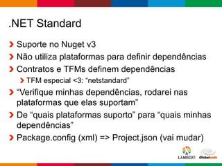 Globalcode – Open4education
.NET Standard
Suporte no Nuget v3
Não utiliza plataformas para definir dependências
Contratos e TFMs definem dependências
TFM especial <3: “netstandard”
“Verifique minhas dependências, rodarei nas
plataformas que elas suportam”
De “quais plataformas suporto” para “quais minhas
dependências”
Package.config (xml) => Project.json (vai mudar)
 
