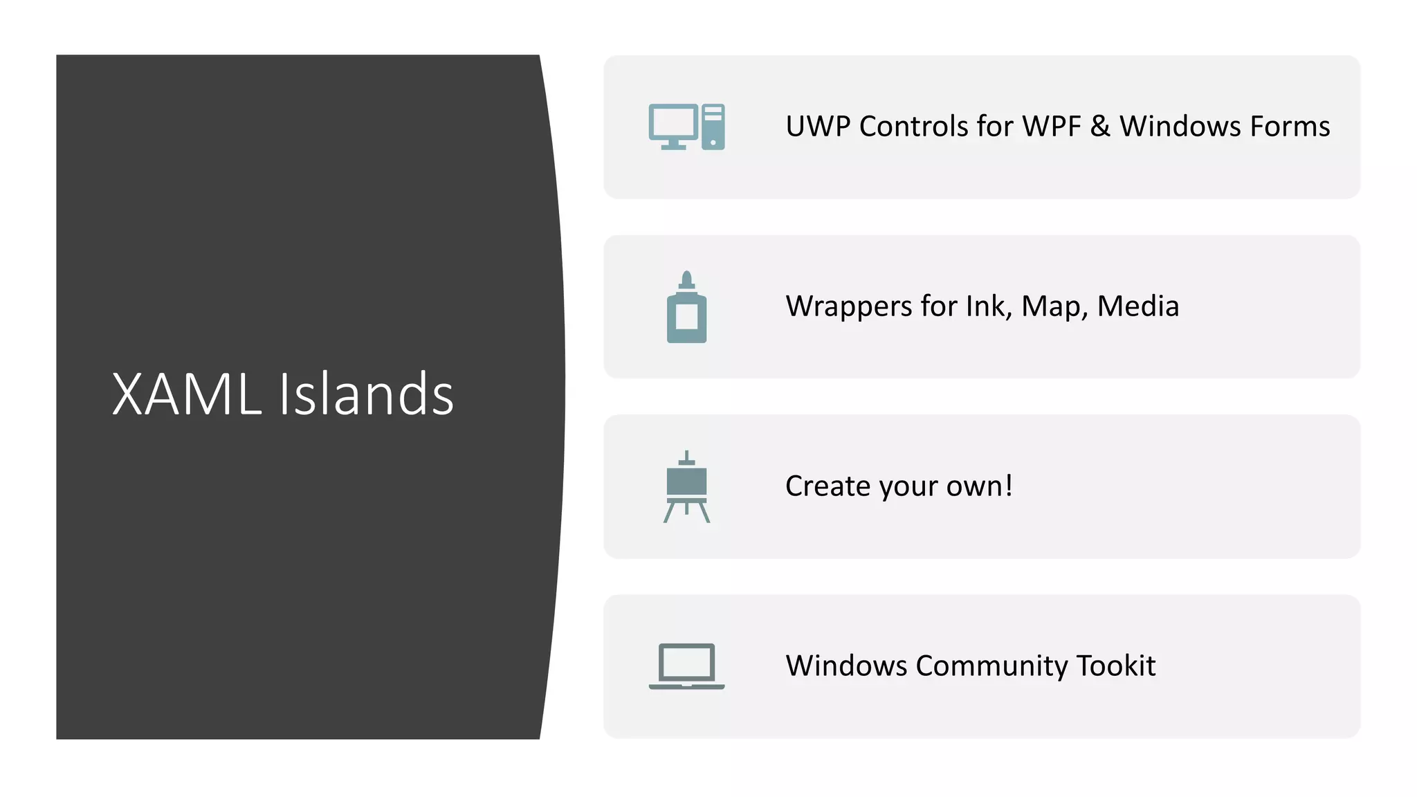 XAML Islands
UWP Controls for WPF & Windows Forms
Wrappers for Ink, Map, Media
Create your own!
Windows Community Tookit
 