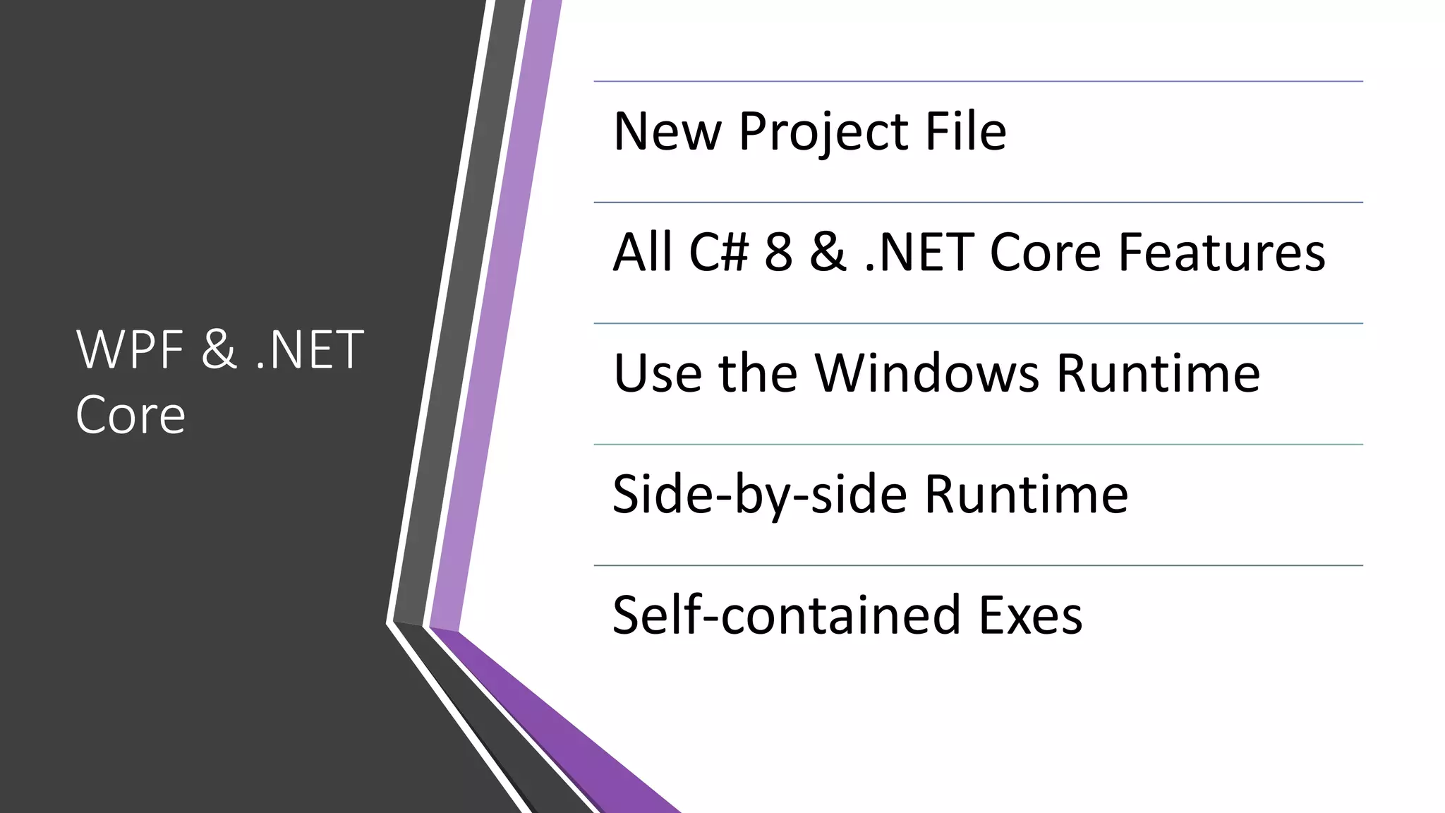 WPF & .NET
Core
New Project File
All C# 8 & .NET Core Features
Use the Windows Runtime
Side-by-side Runtime
Self-contained Exes
 