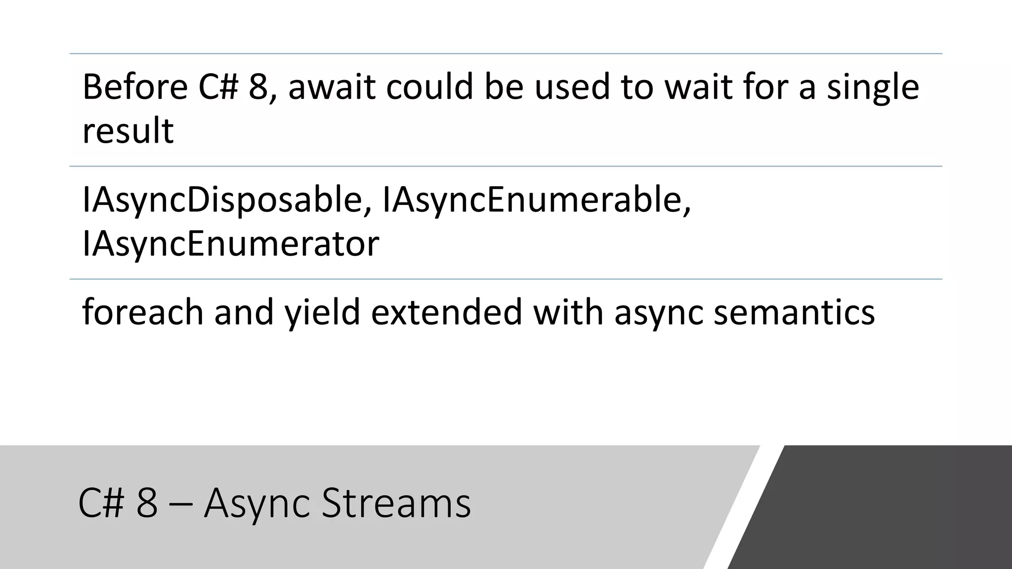 C# 8 – Async Streams
Before C# 8, await could be used to wait for a single
result
IAsyncDisposable, IAsyncEnumerable,
IAsyncEnumerator
foreach and yield extended with async semantics
 