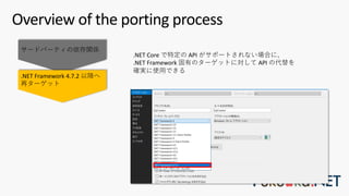 Overview of the porting process
サードパーティの依存関係
.NET Framework 4.7.2 以降へ
再ターゲット
.NET Core で特定の API がサポートされない場合に、
.NET Framework 固有のターゲットに対して API の代替を
確実に使⽤できる
 