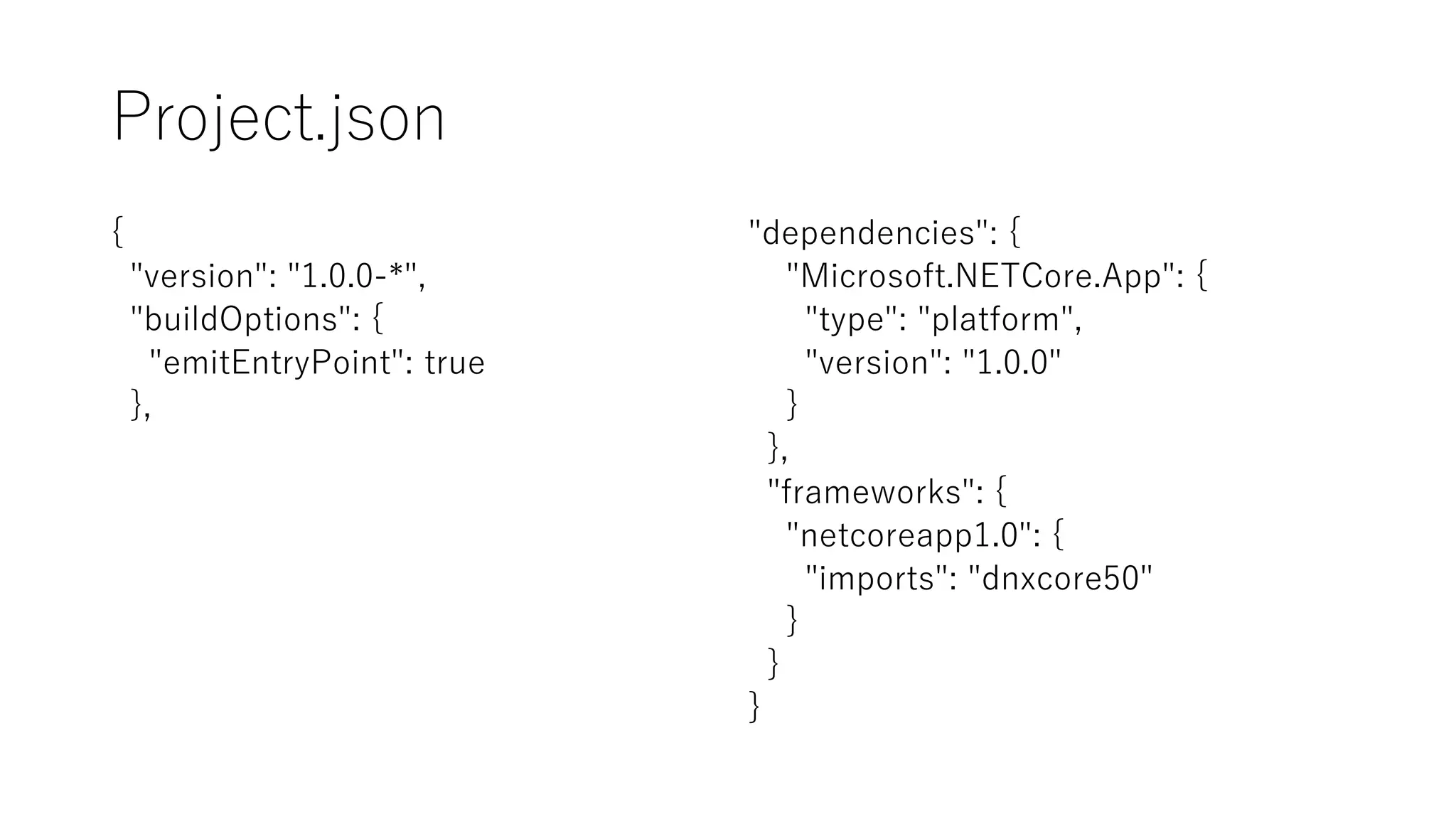 Project.json
{
"version": "1.0.0-*",
"buildOptions": {
"emitEntryPoint": true
},
"dependencies": {
"Microsoft.NETCore.App": {
"type": "platform",
"version": "1.0.0"
}
},
"frameworks": {
"netcoreapp1.0": {
"imports": "dnxcore50"
}
}
}
 