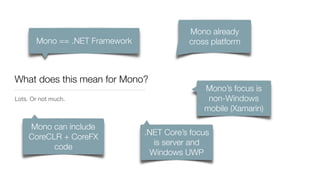 What does this mean for Mono?
Lots. Or not much.
Mono == .NET Framework
Mono already
cross platform
Mono’s focus is
non-Windows
mobile (Xamarin)
.NET Core’s focus
is server and
Windows UWP
Mono can include
CoreCLR + CoreFX
code
 