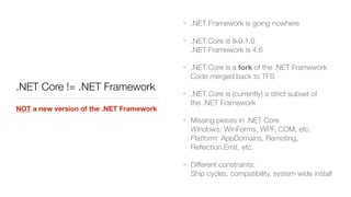 .NET Core != .NET Framework
NOT a new version of the .NET Framework
• .NET Framework is going nowhere
• .NET Core is 5.0 1.0 
.NET Framework is 4.6
• .NET Core is a fork of the .NET Framework 
Code merged back to TFS
• .NET Core is (currently) a strict subset of
the .NET Framework
• Missing pieces in .NET Core 
Windows: WinForms, WPF, COM, etc. 
Platform: AppDomains, Remoting,
Reﬂection.Emit, etc.
• Different constraints: 
Ship cycles, compatibility, system wide install
 