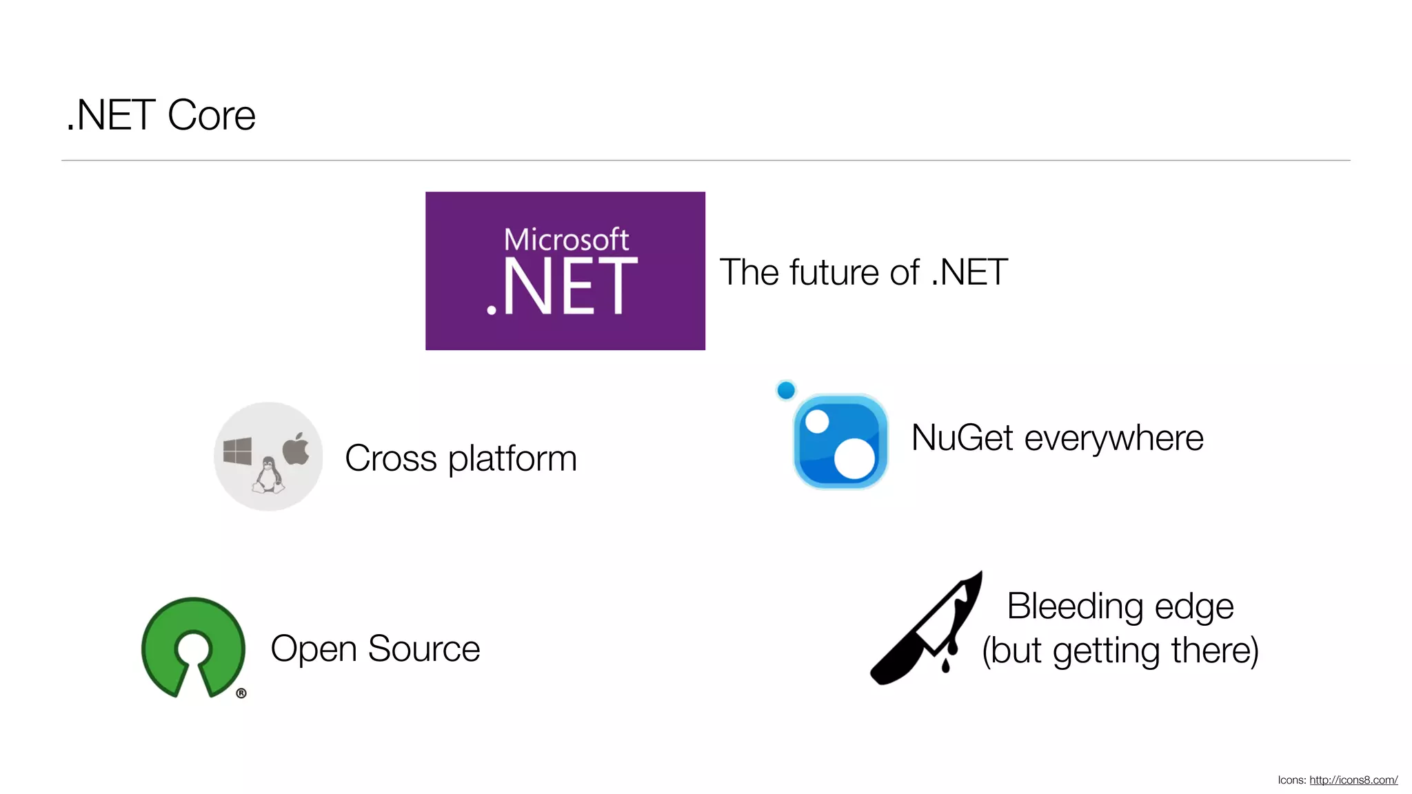 .NET Core
Cross platform
Open Source
NuGet everywhere
Bleeding edge
(but getting there)
Icons: http://icons8.com/
The future of .NET
 
