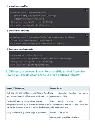 1. appsettings.json Files
2. Environment Variables
3. Command-Line Arguments
Blazor WebAssembly
Web app with client-side execution loaded fromEvery
Blazor Server
interaction handled on server
web server can work oﬄine via a service worker. prerendered HTML
The Main() method determines the basic
components of the application the components
are in the App.razor ﬁle It's run in the browser
using WebAssembly Single Page Application
The Main() method calls
the
CreateHostBuilder method which sets the
ASP.Net Core hosts.
It's run on the server
Use SignalIR to update the client.
2. Differentiate between Blazor Server and Blazor WebAssembly.
How do you decide which one to use for a particular project?
var builder = new ConfigurationBuilder()
.SetBasePath(Directory.GetCurrentDirectory())
.AddJsonFile("appsettings.json");
IConfiguration configuration = builder.Build();
string value = configuration["MySetting"];
string[] args = { "--mysetting=value" };
var builder = new ConfigurationBuilder().AddCommandLine(args);
IConfiguration configuration = builder.Build();
string value = configuration["mysetting"];
var builder = new ConfigurationBuilder().AddEnvironmentVariables();
IConfiguration configuration = builder.Build();
string value = configuration["MY_ENVIRONMENT_VARIABLE"];
 