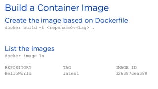 docker build –t <reponame>:<tag> .
docker image ls
REPOSITORY TAG IMAGE ID
HelloWorld latest 326387cea398
 