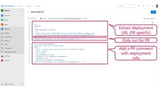 Extract deployment
URL (PR specific)
Only run for PR
Add a PR comment
with deployment
info
 
