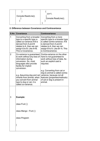 }                           {
                                               j=j+1;
      Console.ReadLine();                    }
          }                                  Console.ReadLine();
        }                                }
                                     }

2. Difference between Covariance and Contravariance

S.No Covariance                     Contravariance
1     Converting from a broader     Converting from a more
      type to a specific type is    specific type to a broader type
      called co-variance.If B is    is called contra-variance. If B
      derived from A and B          is derived from A and B
      relates to A, then we can     relates to A, then we can
      assign A to B. Like A=B.      assign B to A. Like B= A. This
      This is Covariance.           is Contravariance.
2     Co-variance is guaranteed     Contra-variance on the other
      to work without any loss of   hand is not guaranteed to
      information during            work without loss of data. As
      conversion. So, most          such an explicit cast is
      languages also provide        required.
      facility for implicit
      conversion.
                                 e.g. Converting from cat or
                                 dog to animal is called contra-
      e.g. Assuming dog and cat variance, because not all
      inherits from animal, when features (properties/methods)
      you convert from animal    of cat or dog is present in
      type to dog or cat, it is  animal.
      called co-variance.




3     Example:


      class Fruit { }


      class Mango : Fruit { }


      class Program


      {
 