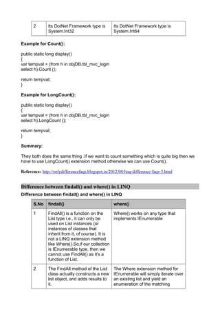 2        Its DotNet Framework type is        Its DotNet Framework type is
               System.Int32                        System.Int64

Example for Count():

public static long display()
{
var tempval = (from h in objDB.tbl_mvc_login
select h).Count ();

return tempval;
}

Example for LongCount():

public static long display()
{
var tempval = (from h in objDB.tbl_mvc_login
select h).LongCount ();

return tempval;
}

Summary:

They both does the same thing .If we want to count something which is quite big then we
have to use LongCount() extension method otherwise we can use Count().

Reference: http://onlydifferencefaqs.blogspot.in/2012/08/linq-difference-faqs-3.html


Difference between findall() and where() in LINQ
Difference between findall() and where() in LINQ

      S.No     findall()                           where()

      1        FindAll() is a function on the     Where() works on any type that
               List type i.e., it can only be     implements IEnumerable
               used on List instances (or
               instances of classes that
               inherit from it, of course). It is
               not a LINQ extension method
               like Where().So,if our collection
               is IEnumerable type, then we
               cannot use FindAll() as it's a
               function of List.

      2        The FindAll method of the List      The Where extension method for
               class actually constructs a new     IEnumerable will simply iterate over
               list object, and adds results to    an existing list and yield an
               it.                                 enumeration of the matching
 