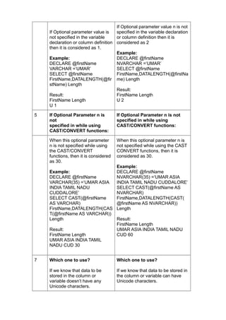If Optional parameter value n is not
    If Optional parameter value is   specified in the variable declaration
    not specified in the variable    or column definition then it is
    declaration or column definition considered as 2
    then it is considered as 1.
                                     Example:
    Example:                         DECLARE @firstName
    DECLARE @firstName               NVARCHAR =‘UMAR’
    VARCHAR =‘UMAR’                  SELECT @firstName
    SELECT @firstName                FirstName,DATALENGTH(@firstNa
    FirstName,DATALENGTH(@fir me) Length
    stName) Length
                                     Result:
    Result:                          FirstName Length
    FirstName Length                 U2
    U1

5   If Optional Parameter n is         If Optional Parameter n is not
    not                                specified in while using
    specified in while using           CAST/CONVERT functions:
    CAST/CONVERT functions:

    When this optional parameter       When this optional parameter n is
    n is not specified while using     not specified while using the CAST
    the CAST/CONVERT                   CONVERT functions, then it is
    functions, then it is considered   considered as 30.
    as 30.
                              Example:
    Example:                  DECLARE @firstName
    DECLARE @firstName        NVARCHAR(35) =‘UMAR ASIA
    VARCHAR(35) =‘UMAR ASIA   INDIA TAMIL NADU CUDDALORE’
    INDIA TAMIL NADU          SELECT CAST(@firstName AS
    CUDDALORE’                NVARCHAR)
    SELECT CAST(@firstName    FirstName,DATALENGTH(CAST(
    AS VARCHAR)               @firstName AS NVARCHAR))
    FirstName,DATALENGTH(CAS Length
    T(@firstName AS VARCHAR))
    Length                    Result:
                              FirstName Length
    Result:                   UMAR ASIA INDIA TAMIL NADU
    FirstName Length          CUD 60
    UMAR ASIA INDIA TAMIL
    NADU CUD 30


7   Which one to use?                  Which one to use?

    If we know that data to be         If we know that data to be stored in
    stored in the column or            the column or variable can have
    variable doesn’t have any          Unicode characters.
    Unicode characters.
 