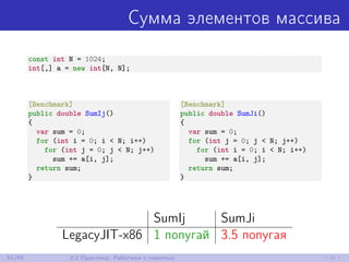 Сумма элементов массива
const int N = 1024;
int[,] a = new int[N, N];
[Benchmark]
public double SumIj()
{
var sum = 0;
for (int i = 0; i < N; i++)
for (int j = 0; j < N; j++)
sum += a[i, j];
return sum;
}
[Benchmark]
public double SumJi()
{
var sum = 0;
for (int j = 0; j < N; j++)
for (int i = 0; i < N; i++)
sum += a[i, j];
return sum;
}
SumIj SumJi
LegacyJIT-x86 1 попугай 3.5 попугая
51/85 2.2 Практика: Работаем с памятью
 