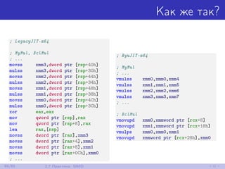 Как же так?
; LegacyJIT-x64
; MyMul, BclMul
; ...
movss xmm3,dword ptr [rsp+40h]
mulss xmm3,dword ptr [rsp+30h]
movss xmm2,dword ptr [rsp+44h]
mulss xmm2,dword ptr [rsp+34h]
movss xmm1,dword ptr [rsp+48h]
mulss xmm1,dword ptr [rsp+38h]
movss xmm0,dword ptr [rsp+4Ch]
mulss xmm0,dword ptr [rsp+3Ch]
xor eax,eax
mov qword ptr [rsp],rax
mov qword ptr [rsp+8],rax
lea rax,[rsp]
movss dword ptr [rax],xmm3
movss dword ptr [rax+4],xmm2
movss dword ptr [rax+8],xmm1
movss dword ptr [rax+0Ch],xmm0
; ...
; RyuJIT-x64
; MyMul
; ...
vmulss xmm0,xmm0,xmm4
vmulss xmm1,xmm1,xmm5
vmulss xmm2,xmm2,xmm6
vmulss xmm3,xmm3,xmm7
; ...
; BclMul
vmovupd xmm0,xmmword ptr [rcx+8]
vmovupd xmm1,xmmword ptr [rcx+18h]
vmulps xmm0,xmm0,xmm1
vmovupd xmmword ptr [rcx+28h],xmm0
69/85 2.7 Практика: SIMD
 