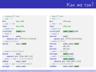 Как же так?
; LegacyJIT-x64
; eax = i
mov eax,r8d
; eax = i*i
imul eax,r8d
; xmm0=i*i
cvtsi2sd xmm0,eax
; xmm1=1
movsd xmm1,
mmword ptr [7FF9141145E0h]
; xmm1=1/(i*i)
divsd xmm1,xmm0
; xmm1=1/(i*i)*x[i]
mulsd xmm1,
mmword ptr [rdx+r9+10h]
; xmm1 = sum + 1/(i*i)*x[i]
addsd xmm1,xmm2
; sum = sum + 1/(i*i)*x[i]
movapd xmm2,xmm1
; RyuJIT-x64
; r8d = i
mov r8d,eax
; r8d = i*i
imul r8d,eax
; xmm1=i*i
vcvtsi2sd xmm1,xmm1,r8d
; xmm2=1
vmovsd xmm2,
qword ptr [7FF9140E4398h]
; xmm2=1/(i*i)
vdivsd xmm2,xmm2,xmm1
mov r8,rdx
movsxd r9,eax
; xmm1 = 1/(i*i)
vmovaps xmm1,xmm2
; xmm1 = 1/(i*i)*x[i]
vmulsd xmm1,xmm1,
mmword ptr [r8+r9*8+10h]
; sum += 1/(i*i)*x[i]
vaddsd xmm0,xmm0,xmm1
80/85 2.9 Практика: Instruction level parallelism
 