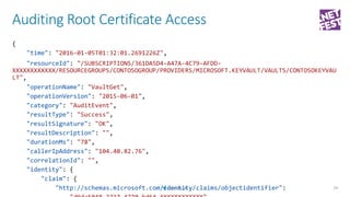 Auditing Root Certificate Access
29
{
"time": "2016-01-05T01:32:01.2691226Z",
"resourceId": "/SUBSCRIPTIONS/361DA5D4-A47A-...