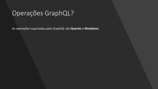 Operações GraphQL?
As operações suportadas pelo GraphQL são Queries e Mutations
 