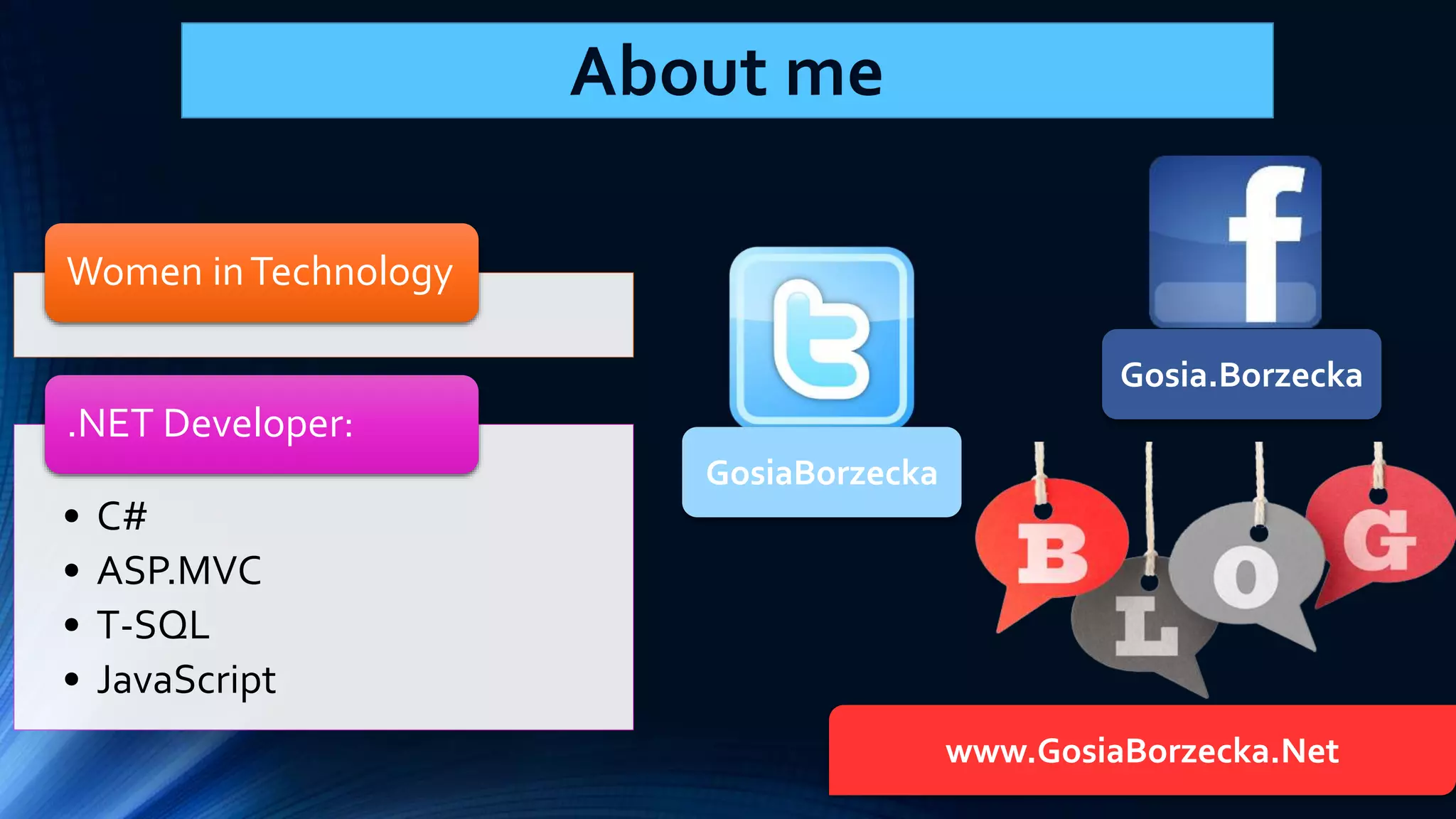 About me Women in Technology .NET Developer: • C# • ASP.MVC • T-SQL • JavaScript Gosia.Borzecka GosiaBorzecka www.GosiaBorzecka.Net 