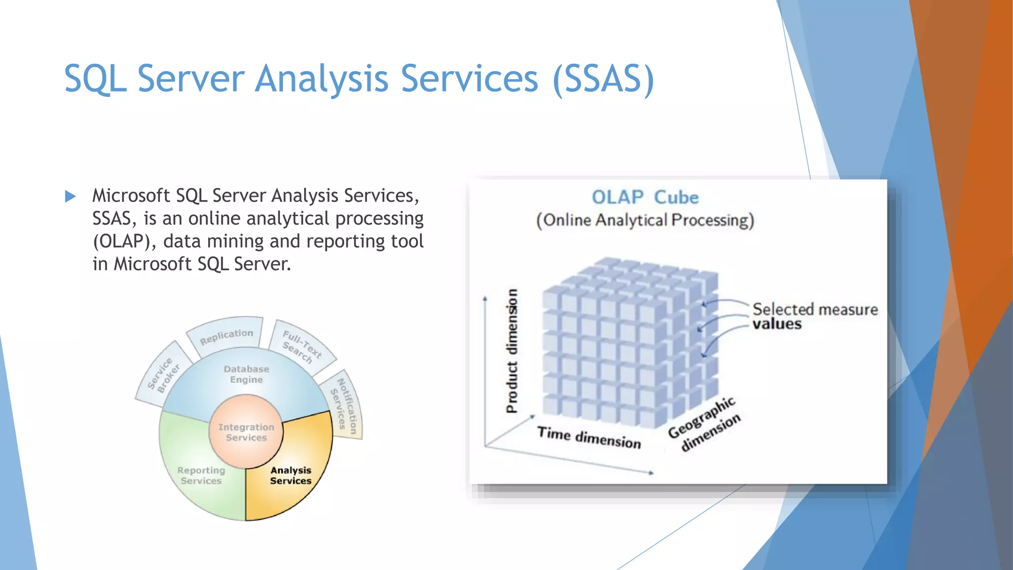 SQL Server Analysis Services (SSAS)  Microsoft SQL Server Analysis Services, SSAS, is an online analytical processing (OLAP), data mining and reporting tool in Microsoft SQL Server. 