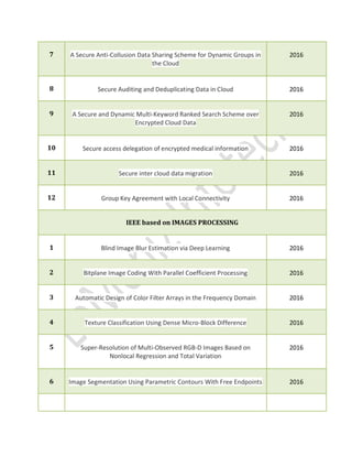 7 A Secure Anti-Collusion Data Sharing Scheme for Dynamic Groups in
the Cloud
2016
8 Secure Auditing and Deduplicating Data in Cloud 2016
9 A Secure and Dynamic Multi-Keyword Ranked Search Scheme over
Encrypted Cloud Data
2016
10 Secure access delegation of encrypted medical information 2016
11 Secure inter cloud data migration 2016
12 Group Key Agreement with Local Connectivity 2016
IEEE based on IMAGES PROCESSING
1 Blind Image Blur Estimation via Deep Learning 2016
2 Bitplane Image Coding With Parallel Coefficient Processing 2016
3 Automatic Design of Color Filter Arrays in the Frequency Domain 2016
4 Texture Classification Using Dense Micro-Block Difference 2016
5 Super-Resolution of Multi-Observed RGB-D Images Based on
Nonlocal Regression and Total Variation
2016
6 Image Segmentation Using Parametric Contours With Free Endpoints 2016
 