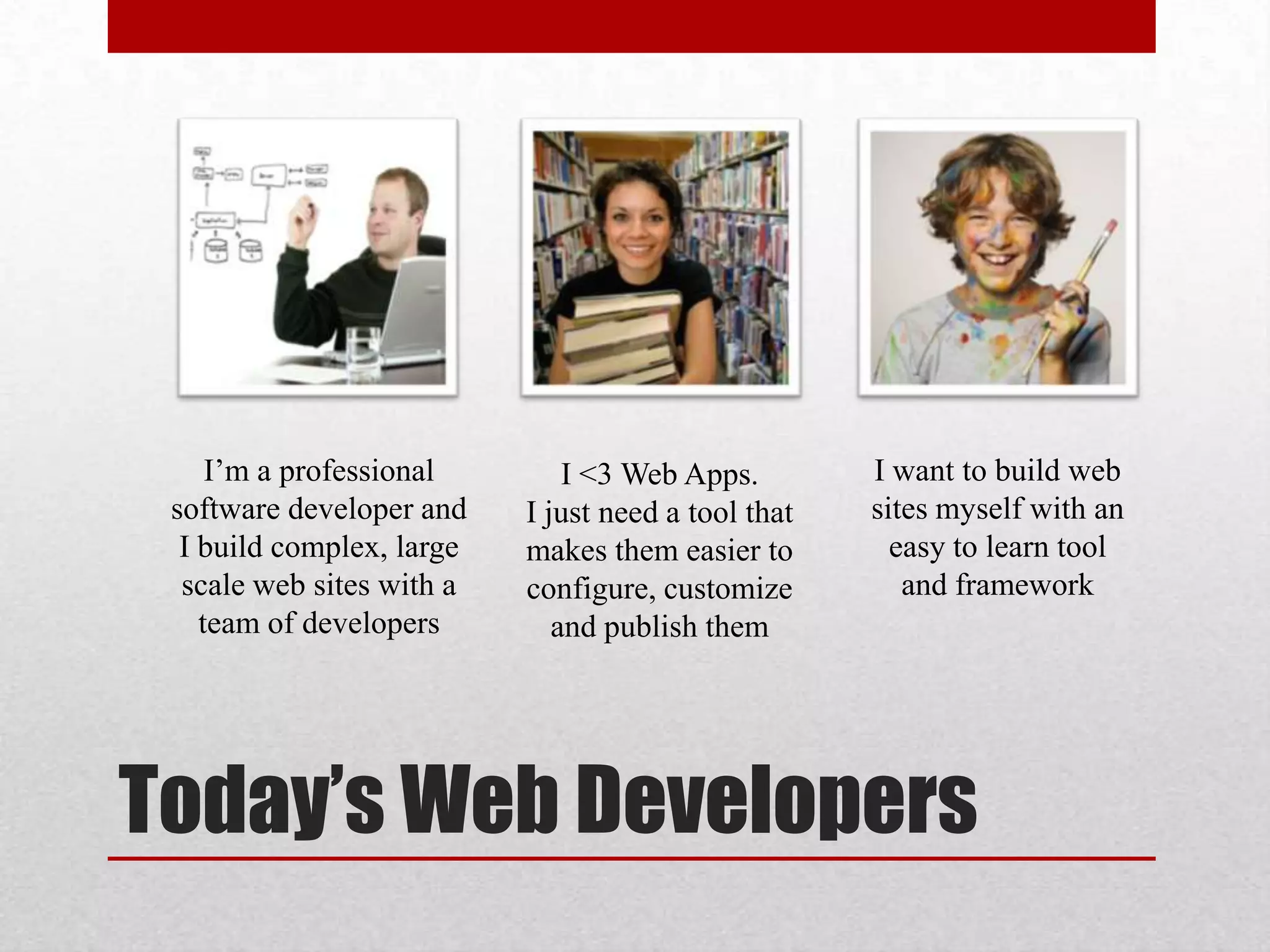 I’m a professional I <3 Web Apps. I want to build web software developer and I just need a tool that sites myself with an I build complex, large makes them easier to easy to learn tool scale web sites with a configure, customize and framework team of developers and publish them Today’s Web Developers 