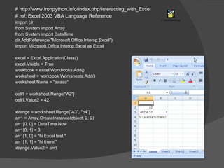 <ul><li># http://www.ironpython.info/index.php/Interacting_with_Excel </li></ul><ul><li># ref: Excel 2003 VBA Language Ref...