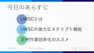 特定非営利活動法人
まちづくりエージェント
SIDE BEACH CITY.
今日のあらすじ
UWSCとは
UWSCの強力なスクリプト機能
定例作業効率化のススメ
2018/5/26 .NETラボ 5月勉強会 10
 