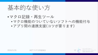 特定非営利活動法人
まちづくりエージェント
SIDE BEACH CITY.
基本的な使い方
•マクロ記録・再生ツール
•マクロ機能のついていないソフトへの機能付与
•アプリ間の連携支援(コツが要ります)
2018/5/26 .NETラボ 5月勉強会 12
 