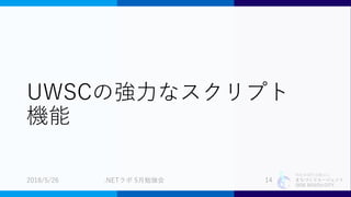 特定非営利活動法人
まちづくりエージェント
SIDE BEACH CITY.
UWSCの強力なスクリプト
機能
2018/5/26 .NETラボ 5月勉強会 14
 