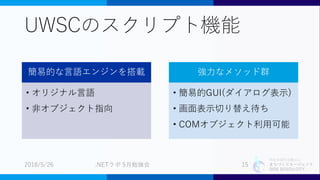 特定非営利活動法人
まちづくりエージェント
SIDE BEACH CITY.
UWSCのスクリプト機能
簡易的な言語エンジンを搭載
• オリジナル言語
• 非オブジェクト指向
強力なメソッド群
• 簡易的GUI(ダイアログ表示)
• 画面表示切り替え待ち
• COMオブジェクト利用可能
2018/5/26 .NETラボ 5月勉強会 15
 