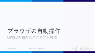特定非営利活動法人
まちづくりエージェント
SIDE BEACH CITY.
ブラウザの自動操作
UWSCの強力なスクリプト機能
2018/5/26 .NETラボ 5月勉強会 18
 