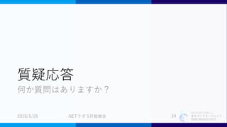 特定非営利活動法人
まちづくりエージェント
SIDE BEACH CITY.
質疑応答
何か質問はありますか？
2018/5/26 .NETラボ 5月勉強会 24
 