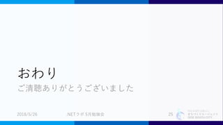特定非営利活動法人
まちづくりエージェント
SIDE BEACH CITY.
おわり
ご清聴ありがとうございました
2018/5/26 .NETラボ 5月勉強会 25
 