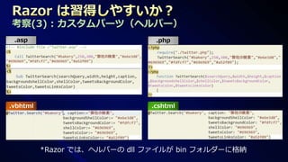 考察(3) : カスタムパーツ（ヘルパー）
 .asp                          .php




.vbhtml                       .cshtml




          *Razor では、ヘルパーの dll ファイルが bin フォルダーに格納
 
