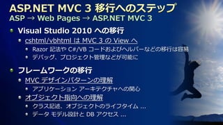 ASP → Web Pages → ASP.NET MVC 3
 Visual Studio 2010 への移行
   cshtml/vbhtml は MVC 3 の View へ
     Razor 記法や C#/VB コードおよびヘルパーなどの移行は容易
     デバッグ、プロジェクト管理などが可能に

 フレームワークの移行
   MVC デザインパターンの理解
     アプリケーション アーキテクチャへの関心
   オブジェクト指向への理解
     クラス記述、オブジェクトのライフタイム ...
     データ モデル設計と DB アクセス ...
 