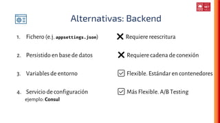 Alternativas: Backend
1. Fichero (e.j. appsettings.json) ❌ Requiere reescritura
2. Persistido en base de datos ❌ Requiere cadena de conexión
3. Variables de entorno ✅ Flexible. Estándar en contenedores
4. Servicio de configuración ✅ Más Flexible. A/B Testing
ejemplo: Consul
 