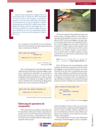 << dnm.lenguajes.net




[ ]
                      NOTA
    A pesar de que pueda parecer lógico (así era, si
no recuerdo mal, en la beta de .NET Framework
1.0), que si hemos sobrecargado el operador +
(suma), no sería necesario sobrecargar el operador
de incremento (++), ya que la operación a realizar
sería sumar uno al valor de la variable, pero el com-
pilador de C# sólo usará las sobrecargas de ++ y --
si lo hemos definido en nuestro código, de no ser
así se producirá un error de compilación indicán-
donos que no existe una sobrecarga para el opera-
dor ++ o --.                                                                El caso del operador de igualdad (==) sigue esta
                                                                        misma regla, y también debemos sobrecargar el
                                                                        operador de desigualdad (!=), pero como todos los
                                                                        tipos de .NET se derivan de Object, y ese tipo inclu-
                                                                        ye un método relacionado con la igualdad de obje-
         X e Y contiene un valor distinto de cero; la declara-          tos: el método Equals, que sirve para comprobar si
         ción de la sobrecarga del operador true quedaría tal           la instancia actual es igual al objeto pasado como
         como se muestra en el fuente 17.                               parámetro, también deberíamos escribir nuestra
                                                                        versión de ese método. Aunque si no lo declara-
                                                                        mos, no pasará nada, el código compilará, aunque
         public static bool operator
                                true(Punto p1)
                                                                        recibiremos una advertencia indicándonos que
         {                                                              deberíamos hacerlo:
             return (p1.X != 0 || p1.Y != 0);
         }                                                                 Punto define el operador == o el operador !=
                                                                           pero no reemplaza a Object.Equals(object o)
                                          Fuente 17. Definición de la
                                                sobrecarga de true
                                                                            Pero si lo hacemos, las recomendaciones son de
                                                                        no llamar directamente al operador == desde el códi-
             Pero si sobrecargamos el operador true, también            go de Equals, ya que el parámetro pasado a ese méto-
         tendremos que sobrecargar el operador false, ya que            do puede ser un valor nulo y se produciría una excep-
         estos, al igual que los operadores de comparación,             ción, aunque realmente no se llamaría a nuestra sobre-
         deben sobrecargarse por pares, con idea de que el              carga, por la sencilla razón de que al ser un valor nulo,
         compilador sepa lo que debe hacer cuando se quiera             la excepción se produciría antes. Lo importante es
         comprobar si el contenido de un Punto es falso. Por            que deberíamos reemplazar ese método de forma que
         tanto, la definición de la sobrecarga de false podría          produzca el mismo resultado que si usáramos el ope-
         quedar tal y como se muestra en el fuente 18.

                                                                         public override bool Equals(object obj)
                                                                         {
          public static bool operator false(Punto p1)
                                                                               if(obj is Punto)
          {
                                                                                      return this == (Punto)obj;
                return (p1.X == 0 && p1.Y == 0);
                                                                               else
          }
                                                                                      return false;
                                                                         }
                      Fuente 18. Definición de la sobrecarga de false

                                                                                          Fuente 19. Definición del método Equals

         Sobrecarga de operadores de
         comparación                                                    rador de igualdad, si bien es cierto que en la mayo-
                                                                        ría de las ocasiones la implementación de Equals pro-
             Otros operadores que podemos sobrecargar son               ducirá el mismo resultado. Además, siguiendo con
         los operadores usados para realizar comparaciones,             las recomendaciones de diseño, nunca debería pro-
         aunque en estos casos las sobrecargas hay que hacer-           ducirse una excepción en este método ni en los ope-
                                                                                                                                    <<dotNetManía




         las por pares, por tanto, si sobrecargamos el opera-           radores sobrecargados.
         dor mayor que (>) también debemos sobrecargar el                   En el código fuente 19 vemos cómo deberíamos
         operador menor que (<).                                        sobrecargar el método Equals, es decir, comproba-


                                                                                                                                    27
 