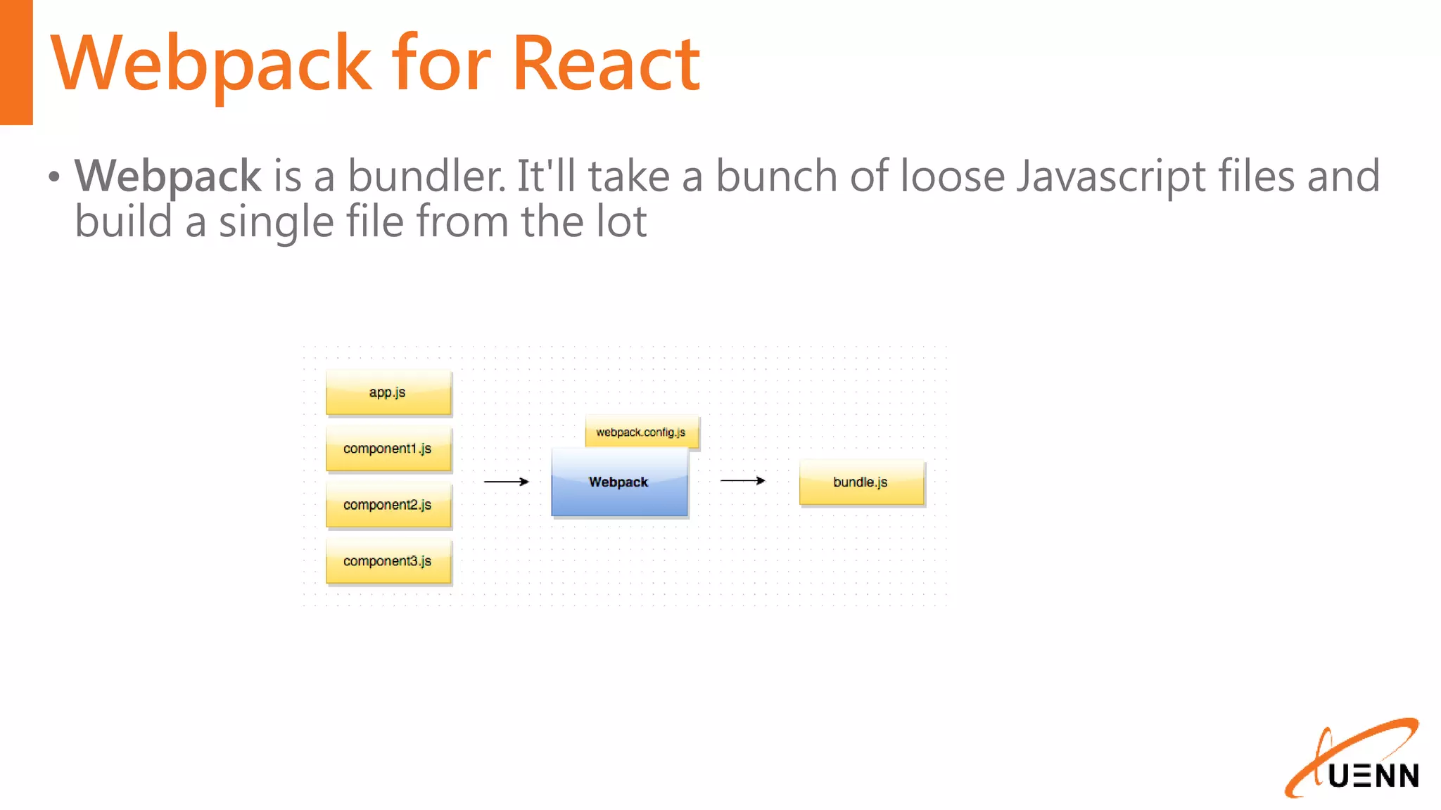 Webpack for React • Webpack is a bundler. It'll take a bunch of loose Javascript files and build a single file from the lot 