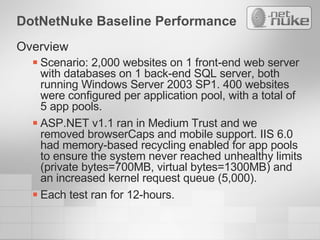 DotNetNuke Baseline Performance Overview Scenario: 2,000 websites on 1 front-end web server with databases on 1 back-end SQL server, both running Windows Server 2003 SP1. 400 websites were configured per application pool, with a total of 5 app pools. ASP.NET v1.1 ran in Medium Trust and we removed browserCaps and mobile support. IIS 6.0 had memory-based recycling enabled for app pools to ensure the system never reached unhealthy limits (private bytes=700MB, virtual bytes=1300MB) and an increased kernel request queue (5,000). Each test ran for 12-hours. 