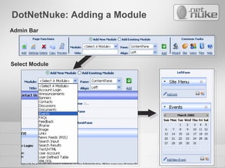DotNetNuke: Adding a Module Admin Bar Select Module 