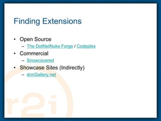Finding ExtensionsOpen SourceThe DotNetNuke Forge / CodeplexCommercialSnowcoveredShowcase Sites (Indirectly)dnnGallery.net