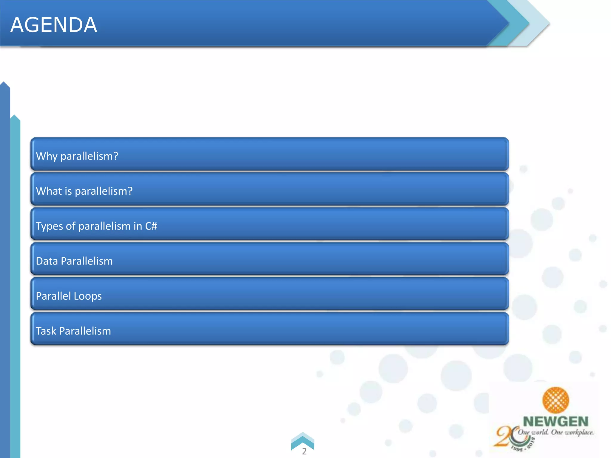 Why parallelism?
What is parallelism?
Types of parallelism in C#
Data Parallelism
Parallel Loops
Task Parallelism
2
AGENDA
 