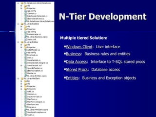 N-Tier Development

Multiple tiered Solution:

  Windows     Client: User interface
  Business:    Business rules and entities
  Data   Access: Interface to T-SQL stored procs
  Stored   Procs: Database access
  Entities:   Business and Exception objects
 