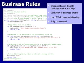 Business Rules      Encapsulation of discrete
                     business objects and logic
                    Validation of business entities
                    Use of XML documentation tags
                    Fully commented
 