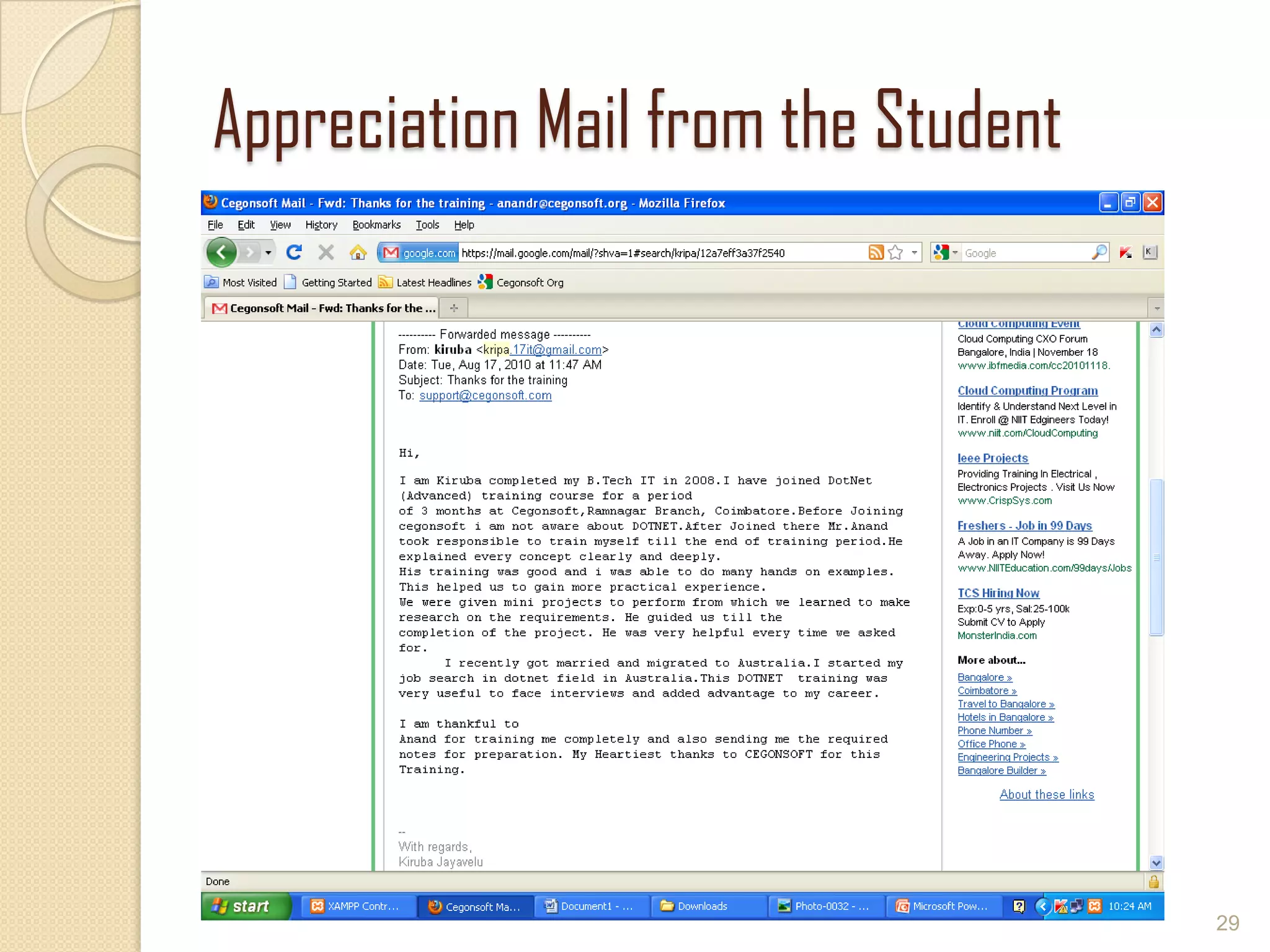 Appreciation Mail from the Student
29
 