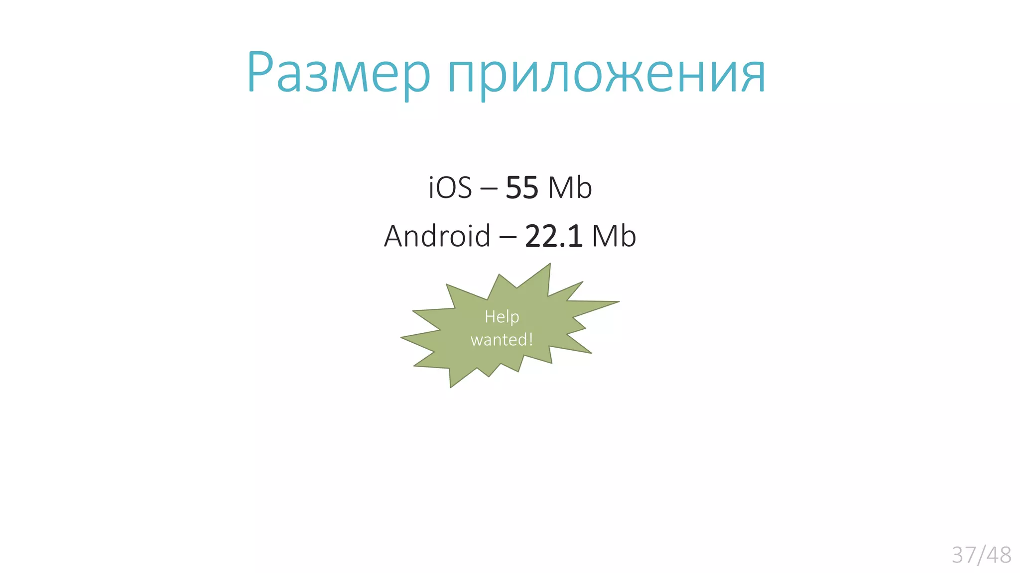 Размер приложения iOS – 55 Mb Android – 22.1 Mb Help wanted! 