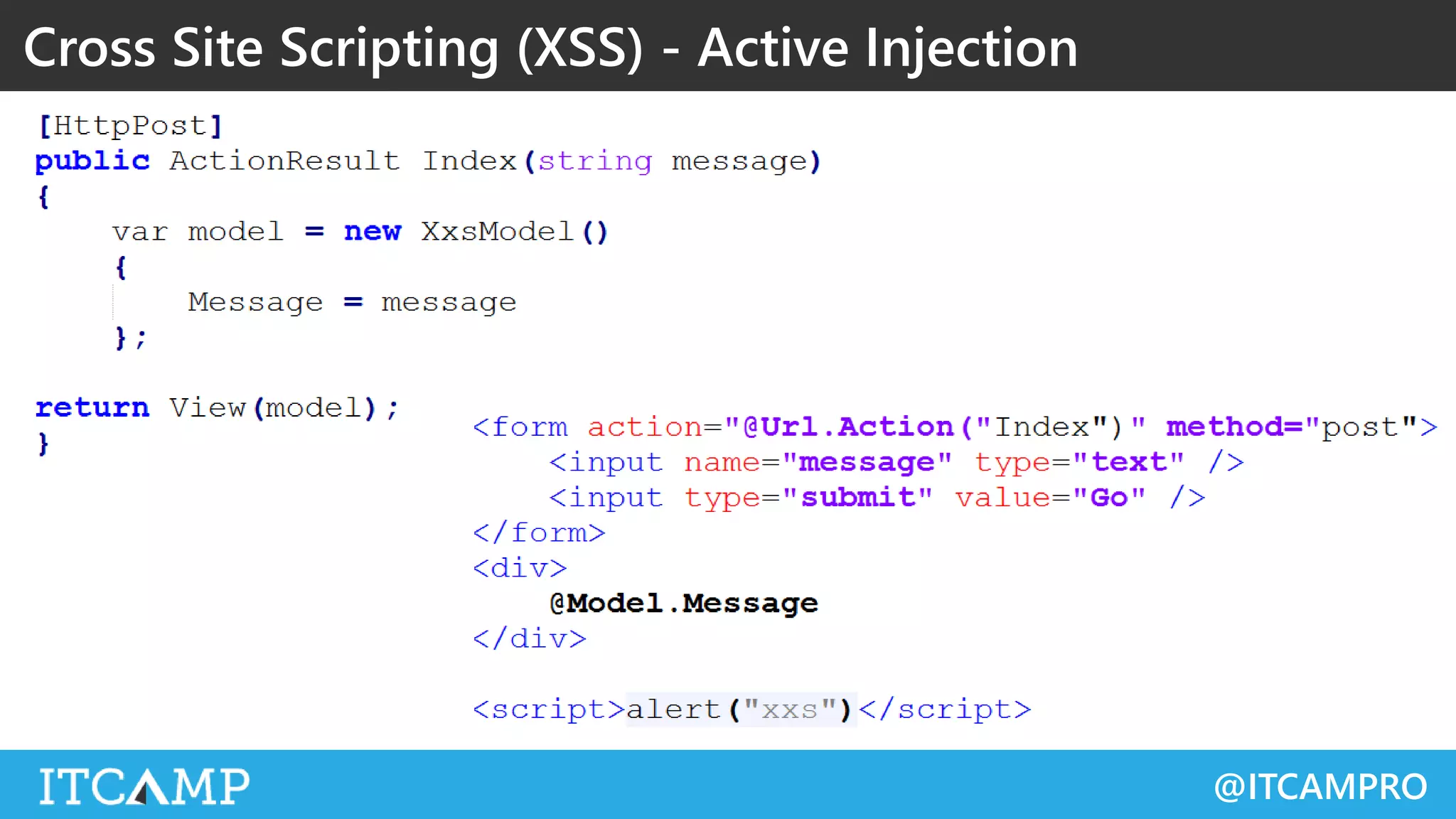 @ITCAMPRO
Cross Site Scripting (XSS) - Active Injection
 