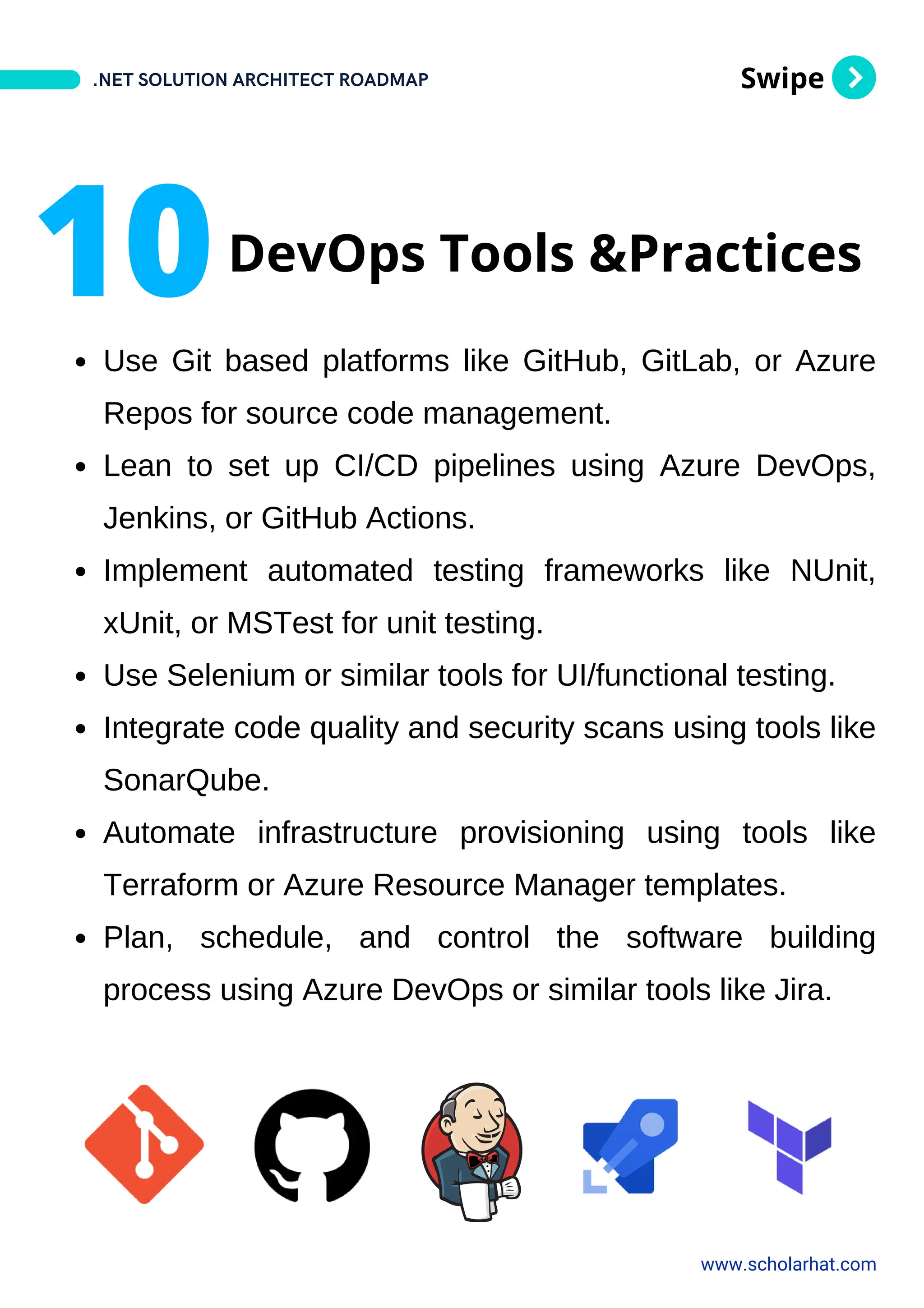 Swipe
Use Git based platforms like GitHub, GitLab, or Azure
Repos for source code management.
Lean to set up CI/CD pipelines using Azure DevOps,
Jenkins, or GitHub Actions.
Implement automated testing frameworks like NUnit,
xUnit, or MSTest for unit testing.
Use Selenium or similar tools for UI/functional testing.
Integrate code quality and security scans using tools like
SonarQube.
Automate infrastructure provisioning using tools like
Terraform or Azure Resource Manager templates.
Plan, schedule, and control the software building
process using Azure DevOps or similar tools like Jira.
.NET SOLUTION ARCHITECT ROADMAP
www.scholarhat.com
10DevOps Tools &Practices
 