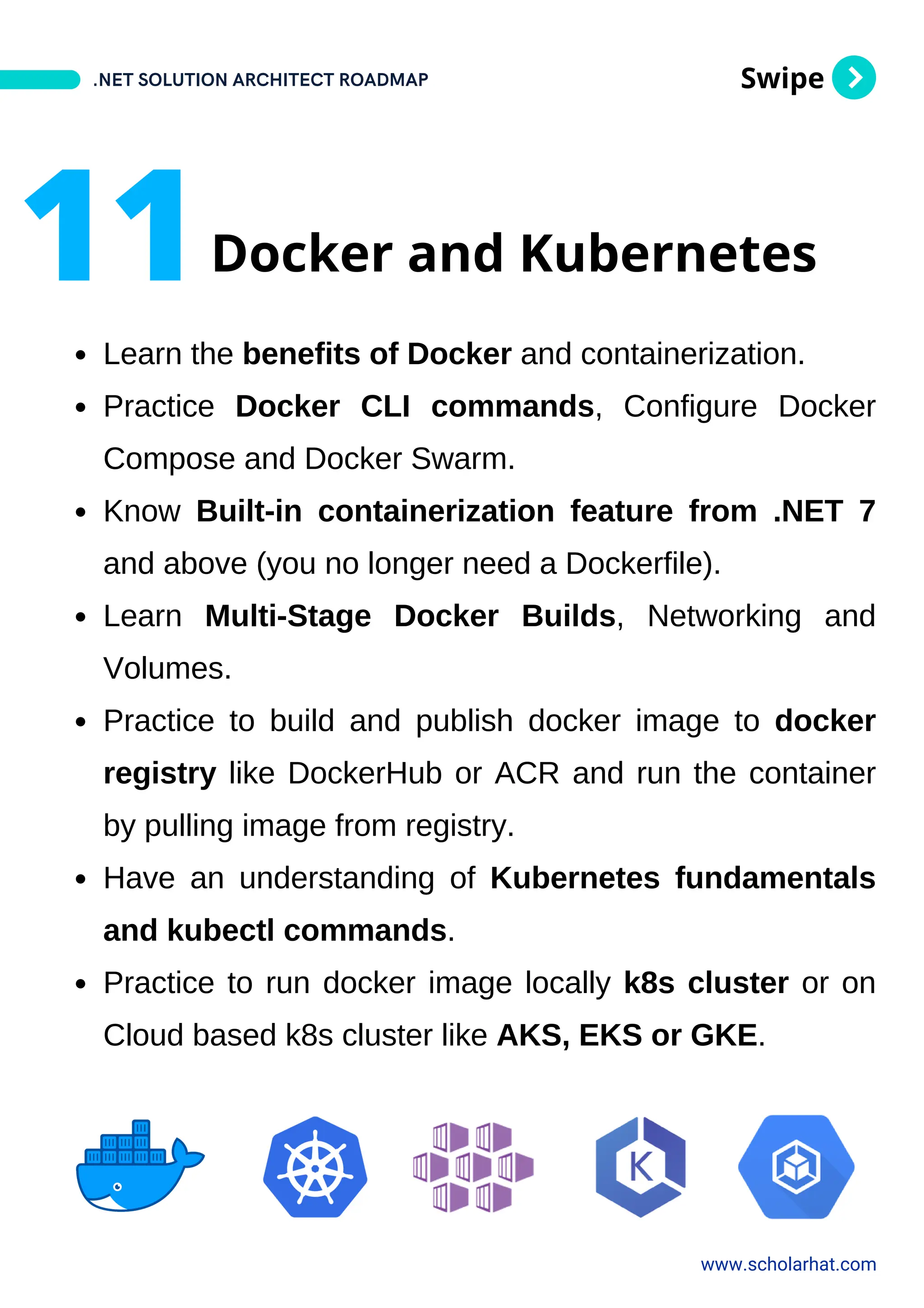 Swipe
Learn the benefits of Docker and containerization.
Practice Docker CLI commands, Configure Docker
Compose and Docker Swarm.
Know Built-in containerization feature from .NET 7
and above (you no longer need a Dockerfile).
Learn Multi-Stage Docker Builds, Networking and
Volumes.
Practice to build and publish docker image to docker
registry like DockerHub or ACR and run the container
by pulling image from registry.
Have an understanding of Kubernetes fundamentals
and kubectl commands.
Practice to run docker image locally k8s cluster or on
Cloud based k8s cluster like AKS, EKS or GKE.
.NET SOLUTION ARCHITECT ROADMAP
www.scholarhat.com
11Docker and Kubernetes
 